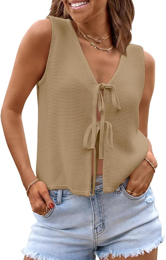 LILLUSORY Womens Tie Front Tops Vacation Sweater Vest | Bohemian Style, Beach Resort Wear, Concert Western Outfits, Crochet Tops, Vacation Outfits, Cute Y2k Sleeveless 2026 by Lillusory