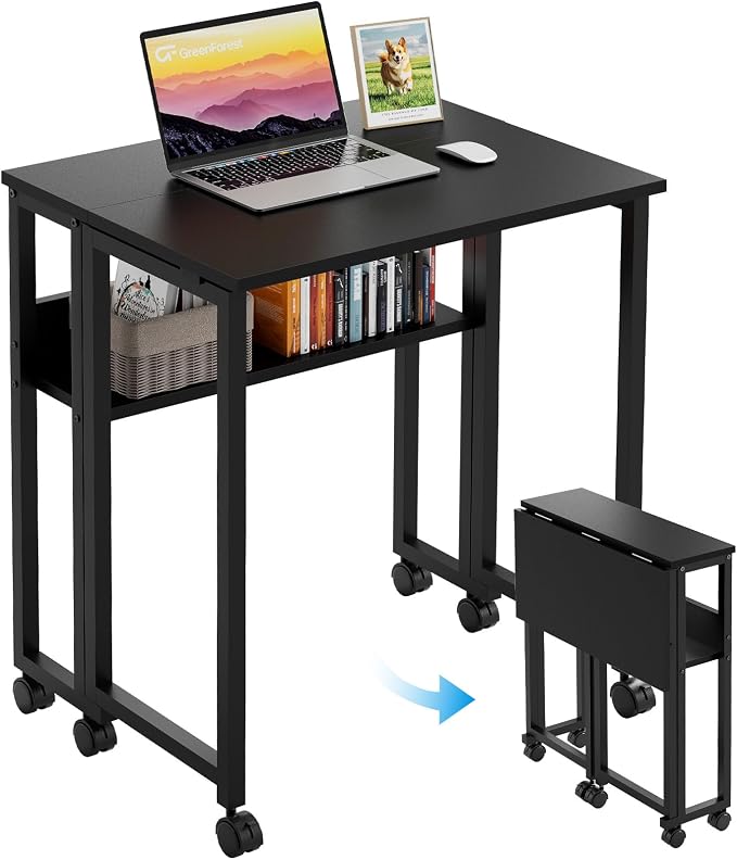 GreenForest Folding Desk with Wheels, 24.8" Rolling Table for Small Spaces | Storage Shelf, Lockable Casters, Compact Portable Workstation, Space-Saving Foldable Sofa Table, Home Office, Mobile, Black by GreenForest