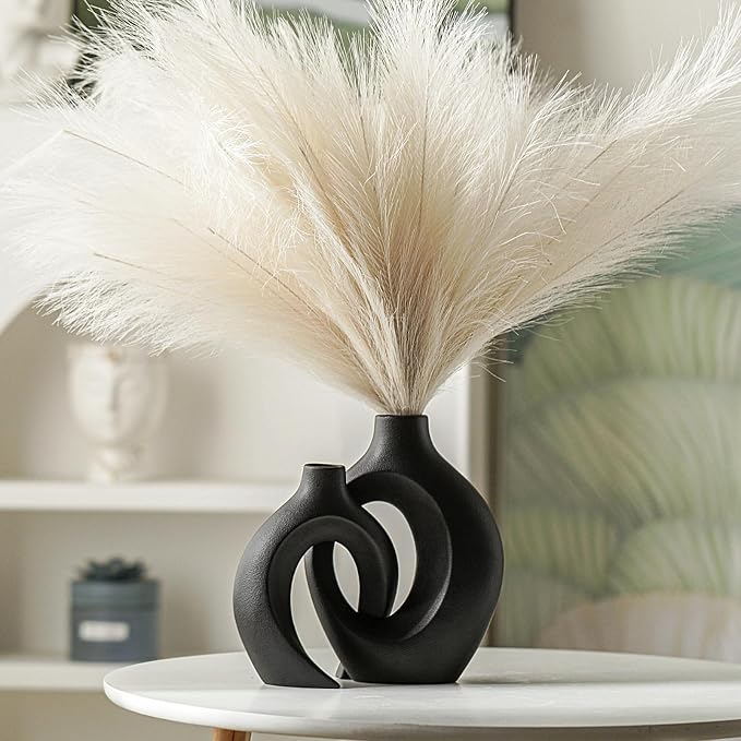 Lvases Snuggle Hollow Modern Ceramic Vase Set of 2, Mid Century Nordic Aesthetic Decorative Vase Decorative Vases for Home Table Decor (Matte Black W 6.3" X H 8.4") - Image 3