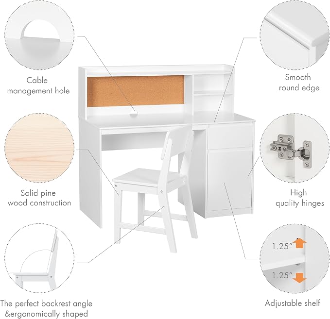 UTEX Wooden Kids Desk and Chair Set with Hutch and Storage for Ages 5-12 | Kids Study Table with Cork Bulletin Board, School Desk, Multi-Zone Storage, Water-based Paint Finish for Study Room - Image 7