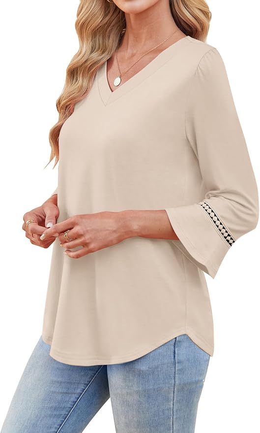 WIHOLL Womens Blouses Dressy Casual 3/4 Length Sleeve Tops Lace Trendy 2026 Spring Summer V Neck Shirts Vacation Outfits - Image 4