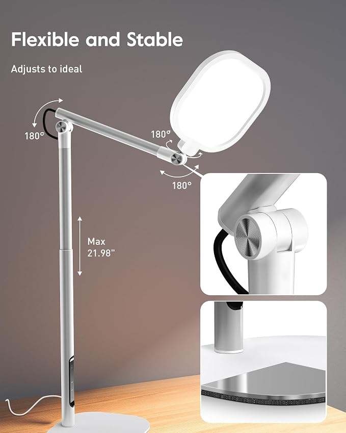 LitONES Tall LED Desk Lamps with Base, Edge-Lit Eye-Care, 50 Light Modes | 40" Height, Dimmable & Flexible, CRI>97.8, Memory and Timer Func, Stable Mental Base for Home Office, Video Calls & Drafting - Image 8