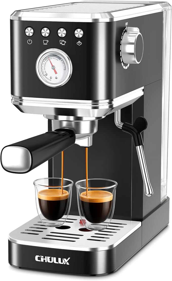 CHULUX Slim Espresso Machine with Milk Frother for Home Cappuccino, Black | Precise Pressure Gauge, Food-Grade Materials, 20 Bar Italian Pump, Professional Temperature Control System, Stainless Steel by CHULUX