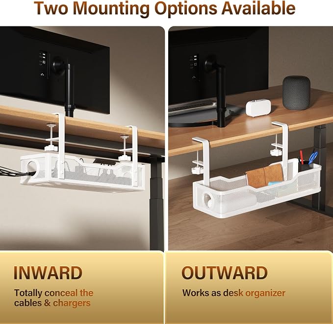 [Upgraded] 2 Pack Under Desk Cable Management Tray, Cinati Cord Organizers for Table Thickness up to 3", 16" Wire Organization with Clamp No Drill, Cable Management Box for Office - No Damage to Desk - Image 5