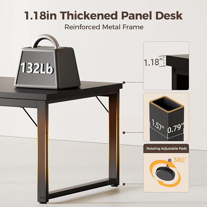 Mericonia 54 Inch Computer Desk with Power Outlets, 1.2" Thick Office Table | Modern Simple Style, Heavy Duty Industrial Frame, Study & Writing Table for Home Bedroom Work, Black - Image 4