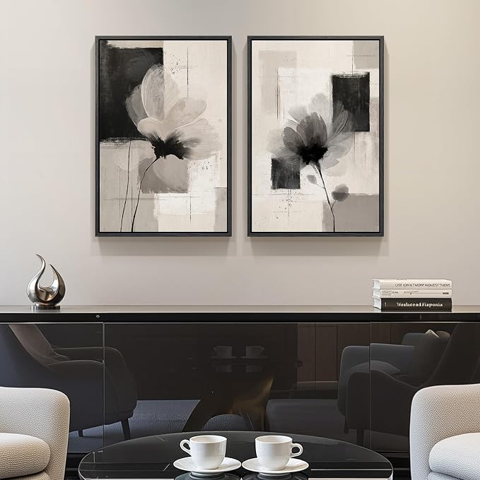Framed Neutral Abstract Floral Wall Art for Bedroom, Set of 2 Black and Beige Minimalist Canvas Prints Paintings Artwork for Walls, Modern Elegant Pictures for Living Room Dining Room Wall Decor 16x24 In - Image 4
