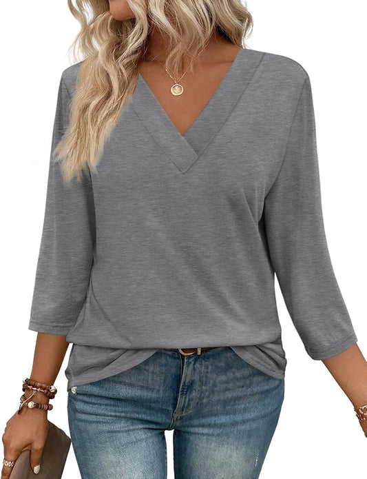 WIHOLL Womens Tops 3/4 Length Sleeve V Neck Casual Tunic Tops Basic Shirts Loose Fit Blouse by WIHOLL
