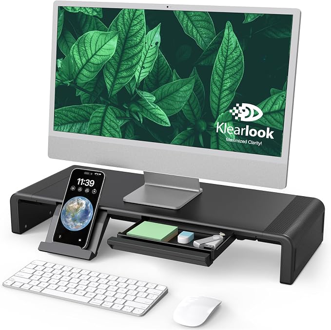 Klearlook Computer Monitor Stand for Desk, Adjustable Foldable Monitor Riser with Storage Drawer & Tablet Phone Holder for Office, Home, Laptop, Desktop (Black) by KlearlookMaximizedClarity