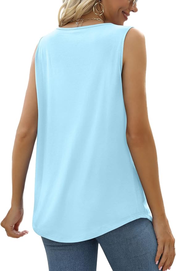 Saloogoe Summer Tank Tops for Women Loose Fit Pleated Square Neck Sleeveless Tops Curved Hem Flowy - Image 4