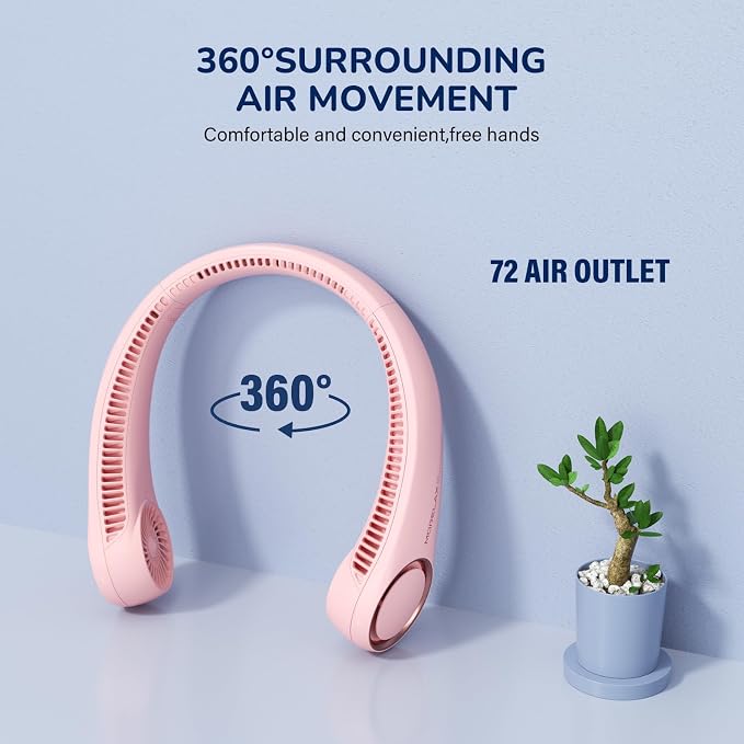 Morelax Neck Fan, USB Rechargeable Personal Fan, 3 Speeds Adjustable, Large air outlet Powerful Strong Wind, Adjustable, 360° Cooling, Super Quiet, No Blade Design, No Hair Twisting, Small (Pink) - Image 2