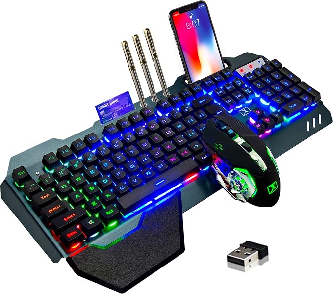 Wireless Gaming Keyboard and Mouse,Rainbow Backlit Rechargeable Keyboard Mouse with 3800mAh Battery Metal Panel,Removable Hand Rest Mechanical Feel Keyboard and 7 Color Gaming Mute Mice for PC Gamers by MAGIC-REFINER