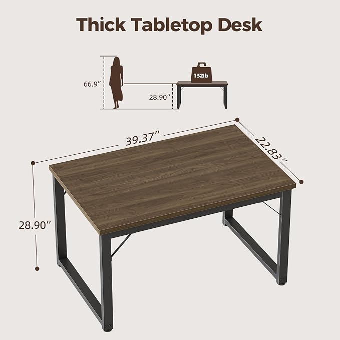 Mericonia 40 Inch Computer Desk, 1" Thick Small Office Table, Walnut | Modern Simple Style, Heavy Duty Industrial Frame, Small Study & Writing Table for Home Bedroom Work - Image 2