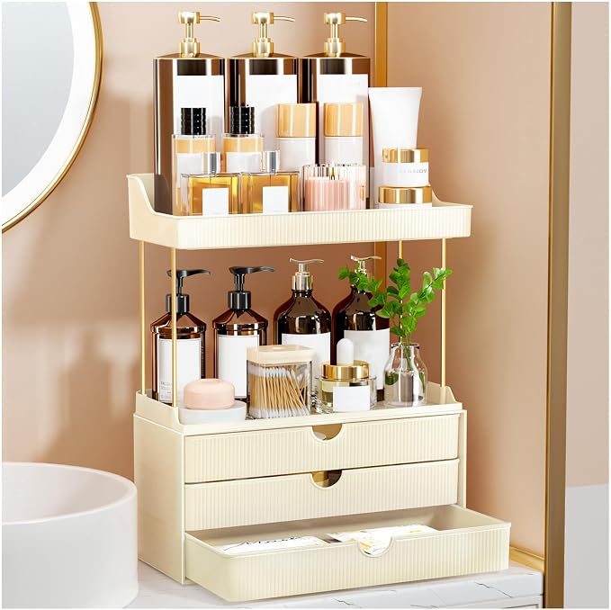 StorBin Arcylic 5-Tier Makeup & Skincare Organizer for Vanity, Bath | Smooth 3 drawers, clear body, gold frame, non-slip, for perfumes, serums, face masks, palettes, vanity & bath counter,white by Unknown