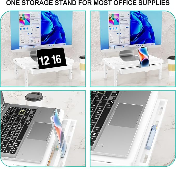 WALI Computer Monitor Stand with Storage, Desk Monitor Riser 3 Height Adjustable, Laptop Riser with Airflow Vents, Desk Organizer for Computer, Laptop, Printer (PTT002-W), 1 Pack, White - Image 3