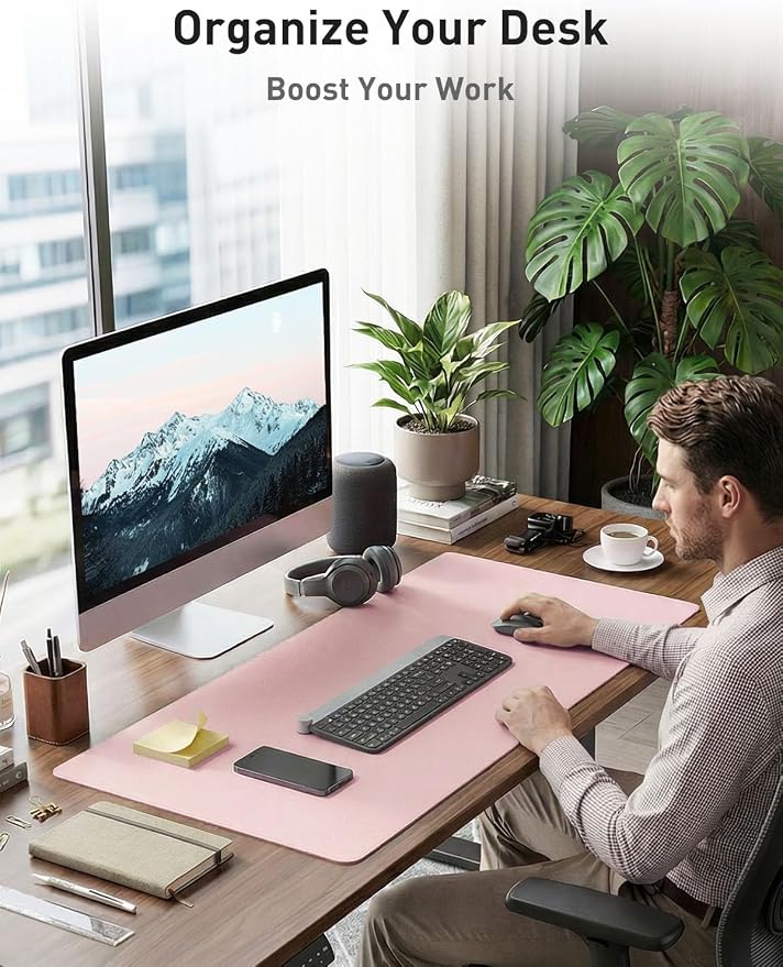 Aothia Faux Leather Desk Mat - Non-Slip PU Leather Desk Blotter, Waterproof Writing Surface, Large Desk Pad for Office & Home (Fairy Pink, 55" x 24") - Image 3