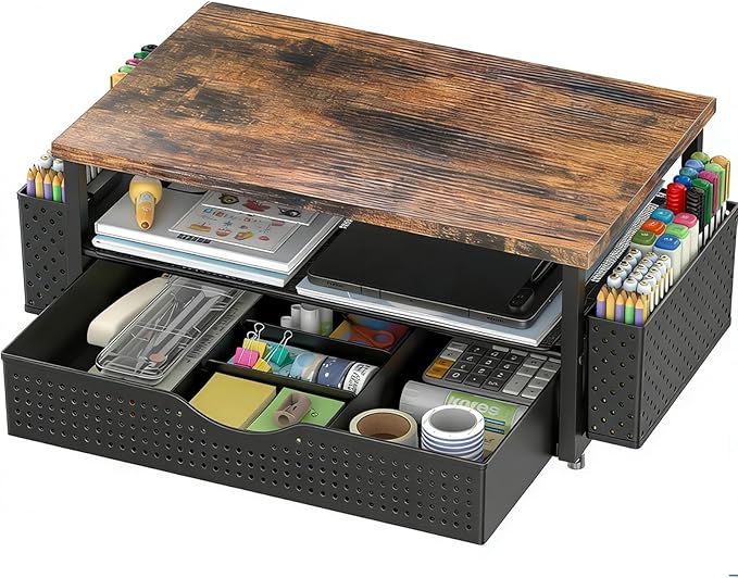 Spacrea Desk Organizer and Accessories, Computer Monitor Stand Riser with Drawer and 2 Pen Holders, Office Desk Accessories & Workspace Organizers for Office Supplies (Wood) by Spacrea