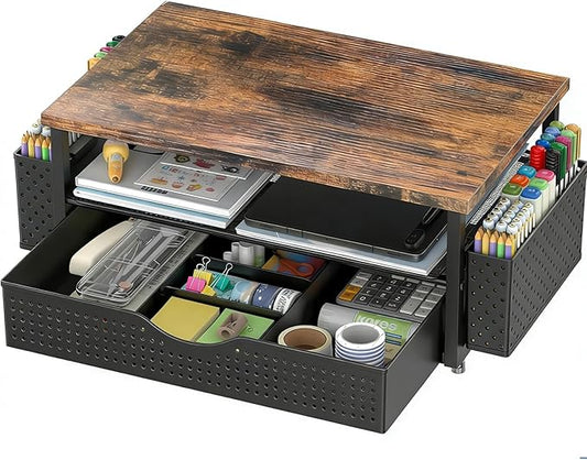 Spacrea Desk Organizer and Accessories, Computer Monitor Stand Riser with Drawer and 2 Pen Holders, Office Desk Accessories & Workspace Organizers for Office Supplies (Wood) by Spacrea