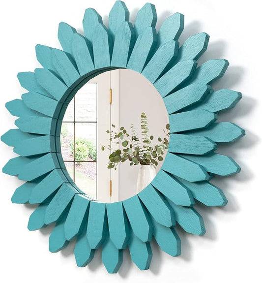 Honiway Beach Wall Decor Mirror 12 inch Wood Coastal Wall Decor Sunburst Boho Home Decor Room Decor for Bedroom Living Room Bathroom Cyan by Honiway