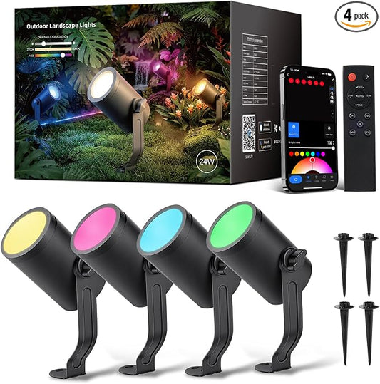 CDN Smart Landscape Spotlights, 4 Pack RGBCW Outdoor Lights, IP65 Waterproof & Dimmable, Compatible with Alexa/Google Assistant, for Garden Yard Pathway Decor by CDNLighting