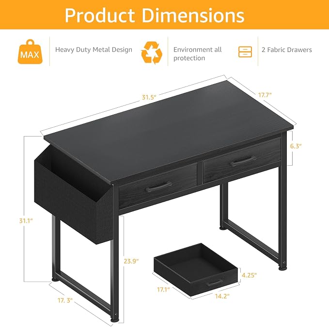 DLisiting Small Desk with Fabric Drawers for Bedroom, 32 Inch Gaming Desk with 2 Drawers for Small Space, Study Writing Table PC Desks, Black - Image 3