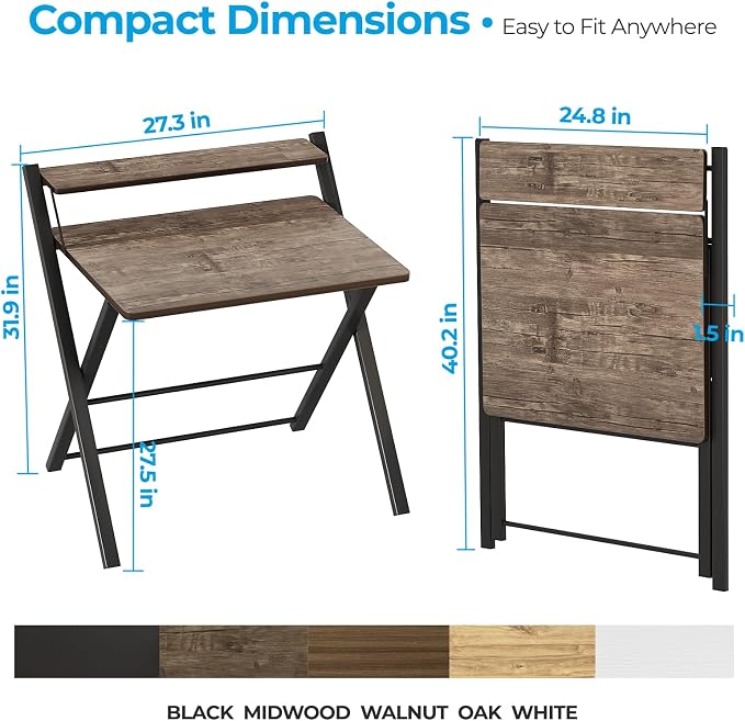 GreenForest No Assembly Folding Desk, 2-Tier Compact Computer Desk with Shelf, 30 inch Space Saving Foldable Table for Home Office, Dorm or Apartment, Portable Collapsible Sturdy Laptop Desk, Brown | Portable Foldable Table for Laptop, 2-Tier Compact w... - Image 3