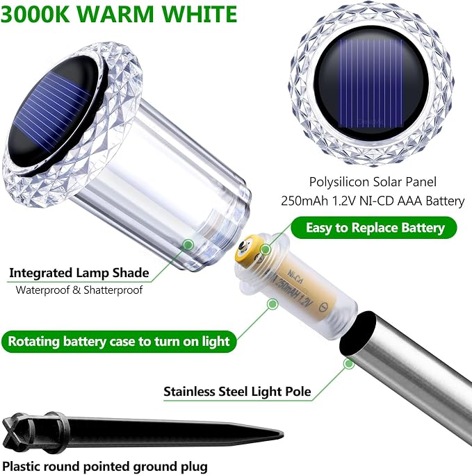 DenicMic Solar Garden Lights Outdoor Waterproof Warm White LED 15 Pack | Yard Garden Driveway Walkway Landscape Path Lights, Starburst Pattern, Acrylic Diamond-like Lampshade Stainless Steel Pole - Image 2