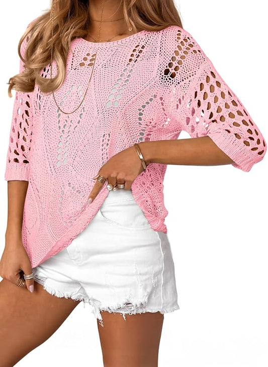 EVALESS Womens Crochet Hollow Out Knit Tops Half Sleeve Spring Summer Sweaters Beach Cover Ups for Women Trendy 2026 by EVALESS
