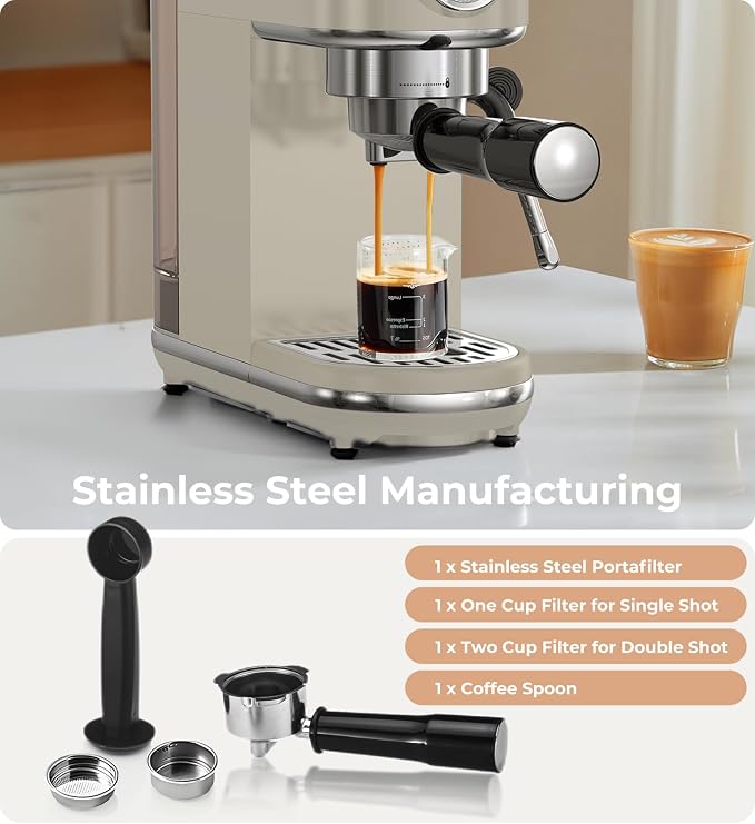 atatix 20 Bar Espresso Machine with Milk Frother, Compact Espresso Maker | Stainless Steel Coffee Machine with Precise Temp Control & 44oz Removable Water Tank for Latte, Cappuccino, Light Grey - Image 7