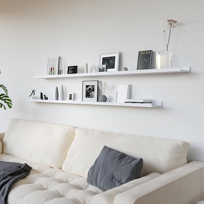 RICHER HOUSE 8 Set Floating Wall Mounted Shelves, Nursery Hanging Book Shelves with Lip for Storage, White Display Picture Ledge Shelf for Bedroom Bathroom Kitchen Living Room Wall Decor, Modern White | Display Picture Ledge Shelf, Anti-drop lip Shelf ... - Image 5