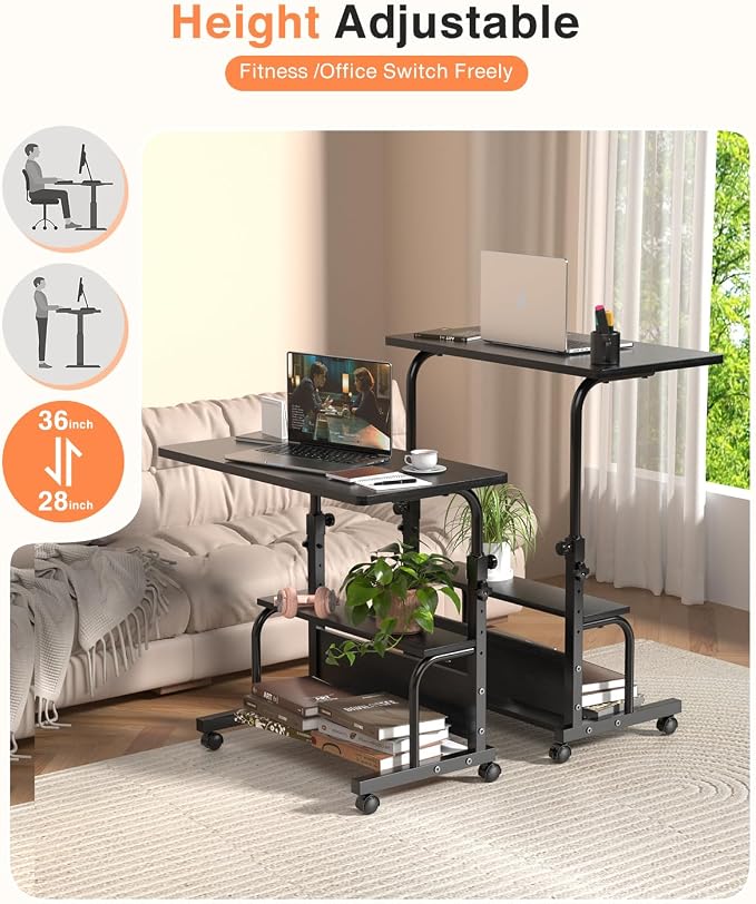 QZMDSM Portable Rolling Desk on Wheels Adjustable Height Desks for Small Spaces, 32" Computer Desk Drafting Tables with Storage Shelves for Home Office Black - Image 6