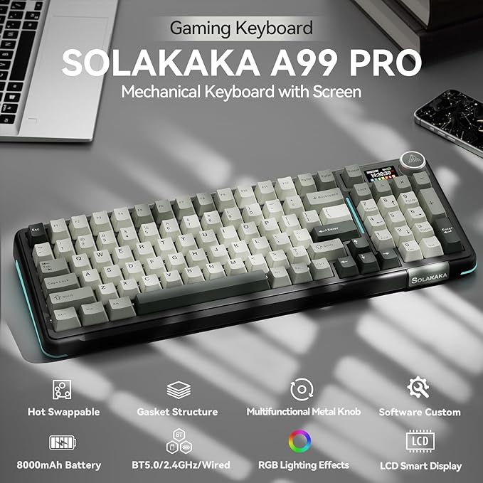 SOLAKAKA A99 Pro Wireless Mechanical Keyboard with LCD Screen & Metal Knob, 2.4GHz/BT5.0/USB-C, RGB Backlit Gaming Keyboard, Hot Swappable, Creamy Keyboard with Gasket Structure, for Win/Mac - Image 2