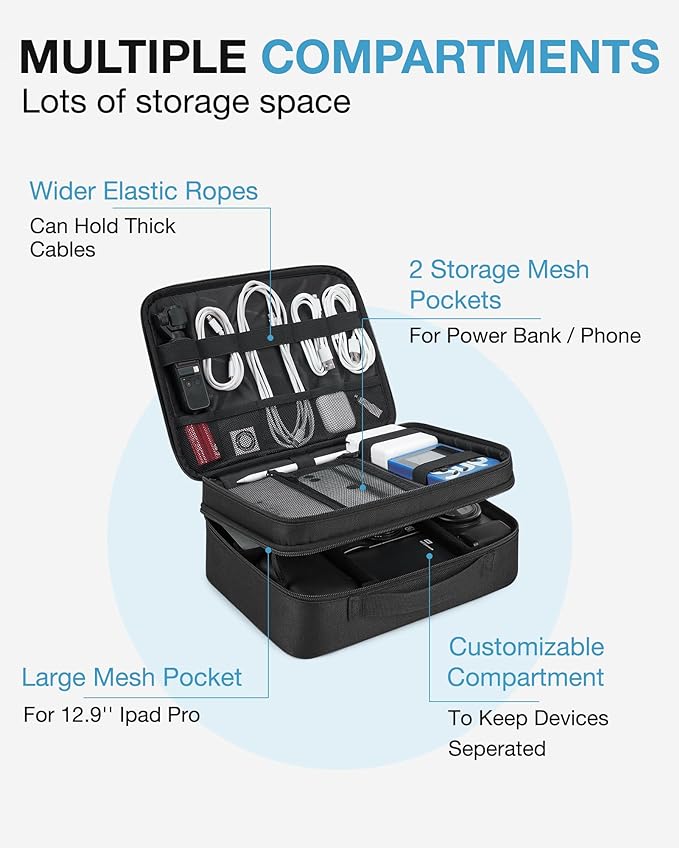 BAGSMART Cable Organizer Bag, Travel Electronics Organizer with Adjustable Divider, Tech Bag Carrying Case, Storage Bag Sturdy Tool Case with Handle for Cellphone Cord Electronics Accessories, Black - Image 2