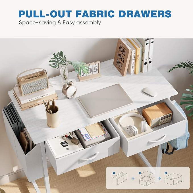 OLIXIS 32 Inch Small Desk, Computer Desk, Home Office | Fabric Drawers, Side Bag, Headphone Hook, Writing Study Work Table, Bedroom, Natural White - Image 4