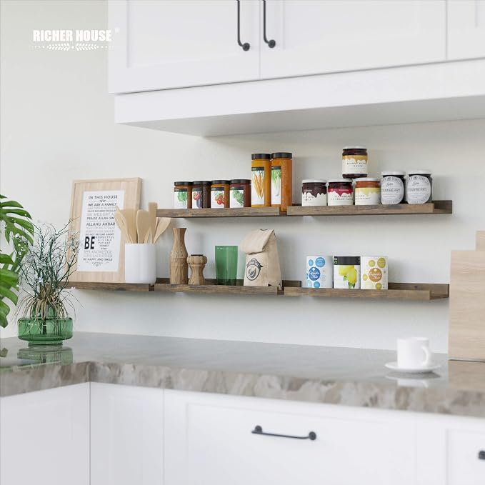 RICHER HOUSE 8 Set Floating Wall Mounted Shelves, Nursery Hanging Book Shelves with Lip for Storage, Display Picture Ledge Shelf for Bedroom Bathroom Kitchen Living Room Wall Decor, Rustic Brown | Display Picture Ledge Shelf, Anti-drop lip Shelf for Ro... - Image 5
