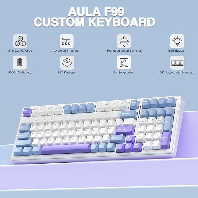 AULA F99 Wireless Mechanical Keyboard,Tri-Mode BT5.0/2.4GHz/USB-C Hot Swappable Custom Keyboard,Pre-lubed Linear Switches,Gasket Structure,RGB Backlit Gaming Keyboard for PC/Tablet/Xbox/PS4/PS5 - Image 2