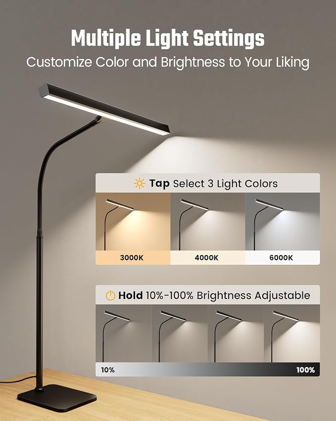 SUPERDANNY LED Desk Lamp for Home Office, Eye-Caring Desk Light with Base, 12W Touch Control 3 Colors Dimmable Brightness, Gooseneck Architect Lamp for Computer Monitor Reading Workbench, Black - Image 5