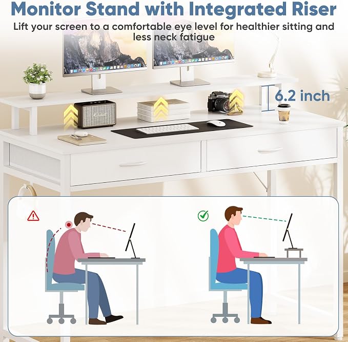 DUMOS 39.4" x 19.7" Compact Computer Desk with Monitor Stand and 2 Drawers, Small Writing Desk with Drawers for Home Office, Study Table for Small Spaces, White - Image 5