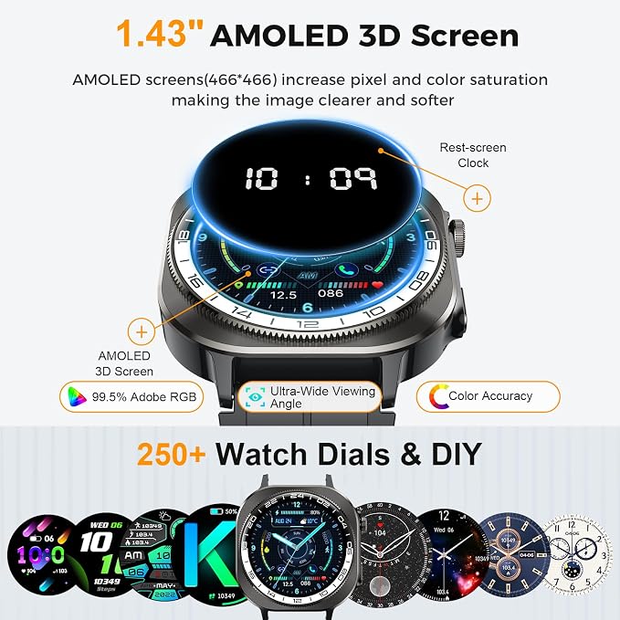 2026 Smart Watch (Answer/Make Call), 1.43" 3D-AMOLED Smartwatch for Men Women, 130+ Sports Fitness Watch, Heart Rate/Sleep Monitor, 60 Days Flashlight, IP68 Waterproof Activity Tracker Android iOS - Image 2
