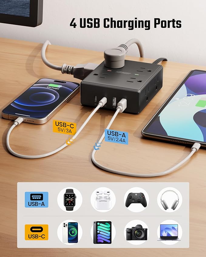 SUPERDANNY Extension Cord,Flat Plug Surge Protector Power Strip,20Ft | 8 AC & 4 USB Ports (2 USB C),Surge Protector with 1050J,Desk Charging Station for Home Office,College Dorm Room Essentials - Image 4