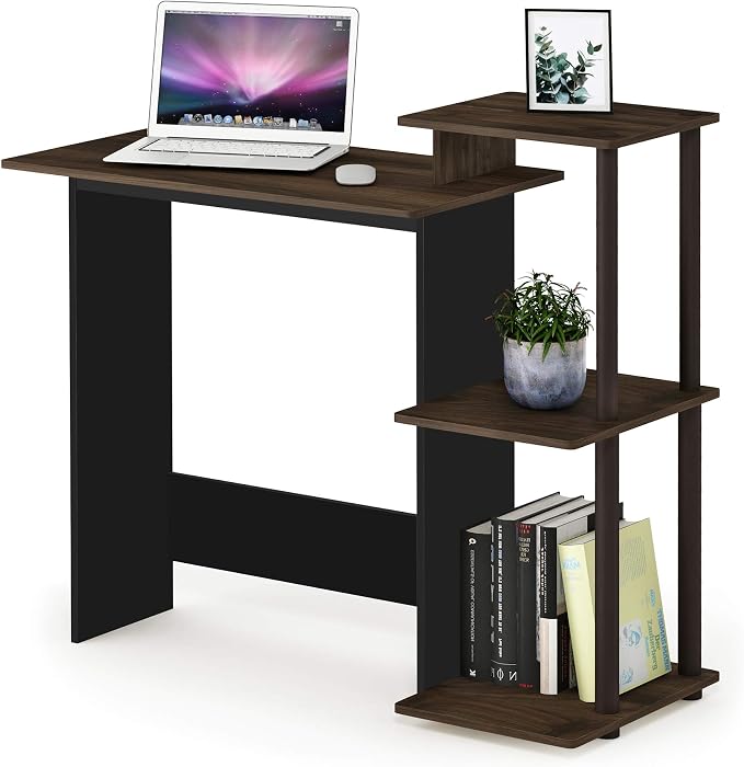 Furinno Efficient 29-Inch Brown Computer Desk, Office Desk with 3 Side Shelves, Rectangular Home Office Desk, Gaming Desk for Home Office, Bedroom, Study Room, Brown Walnut - Image 3