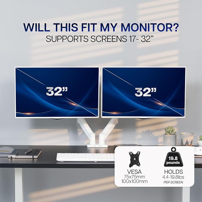 VIVO Dual Monitor Stand, Fully Adjustable Arms for 17 to 32 inch Screens, Mechanical Articulating Desk Mount, Gaming and Office Setups, VESA 75x75, 100x100, Max 19.8 lbs, Classic, White, STAND-V002OW - Image 6