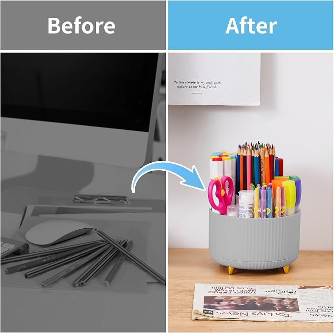 Marbrasse Desk Organizer, 360-Degree Rotating Pen Holder, Desk Organizers and Accessories with 5 Compartments Pencil Holder, Art Supply Storage Box Caddy for Office, Home (Grey) - Image 7