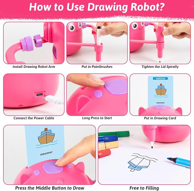 TREEFIA Drawing Robot for Kids, Drawing Robot for Kids 6 7 8 9 10 11 12 Year Old, Doodle Bot Toy with 100 Drawing Cards & 16 Color Pens for Girls and Boys - Image 6