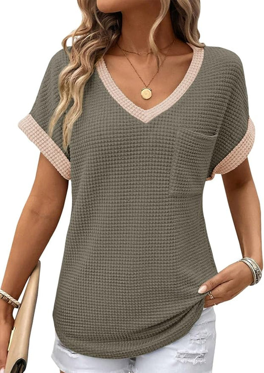 Dokotoo Womens Waffle Knit Tops 2026 Spring Summer V Neck Shirts Casual Trendy Women's Blouses Basic Tee by Dokotoo