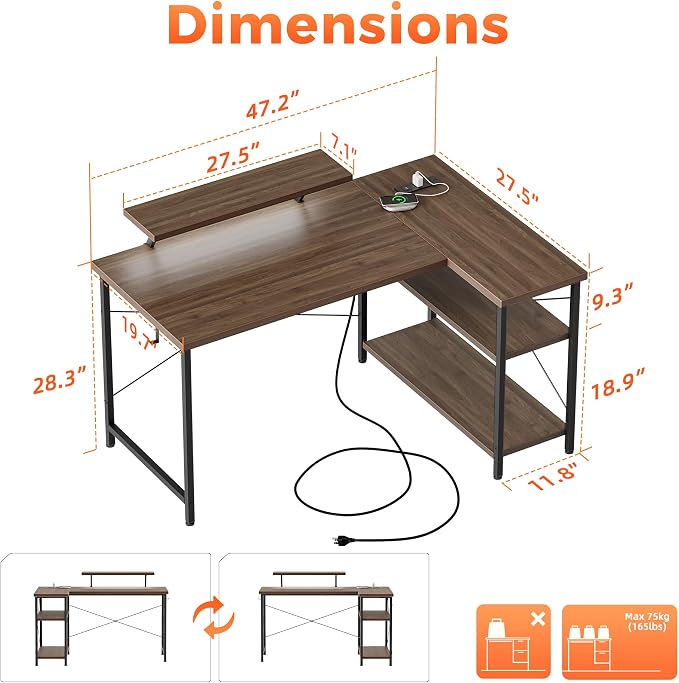 Mericonia 48 in Corner Desk with Monitor Stand, Small L Shaped Gaming Desk | Reversible Computer Desk with Power Outlets, LED Light & Storage Shelves, Office Table for Home Bedroom Study Work Writing - Image 2