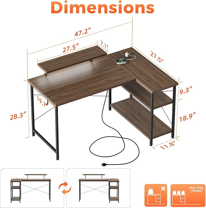 Mericonia 55 in L Shaped Gaming Desk, Large Corner Desk with Monitor Stand | Reversible Computer Desk with Power Outlets, LED Light & Storage Shelves, Office Table for Home Bedroom Study Work Writing - Image 2