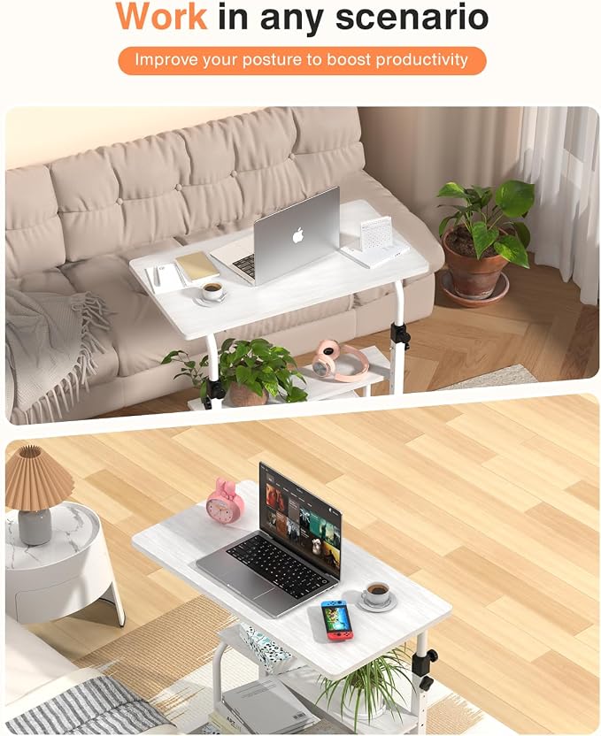 QZMDSM Portable Desk with Wheels Small Standing Desk on Wheels Adjustable Height Rolling Desks for Small Spaces, 32" Computer Desks with Storage Shelves for Home Office Study White - Image 3