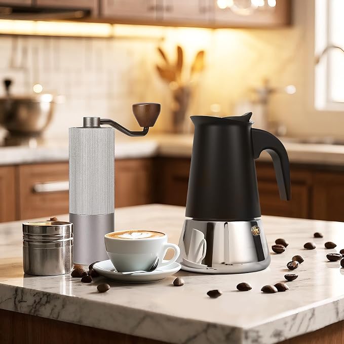 4 Cup Stainless Steel Moka Pot, 200ml Stovetop Espresso Maker, Black - Image 8