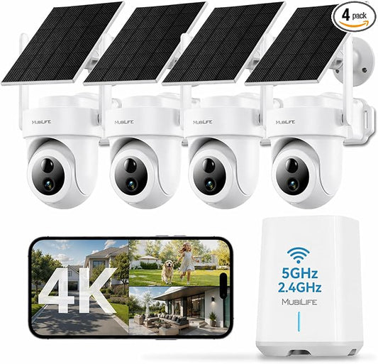 MUBILIFE 4K Ultra HD Solar Security Cameras Wireless Outdoor, No Subscription Required, Home Security Cameras System with 360° Auto Tracking, Color Night Vision, 2.4&5GHz WiFi, Easy Setup, 4-Cam Kit by MUBILIFE