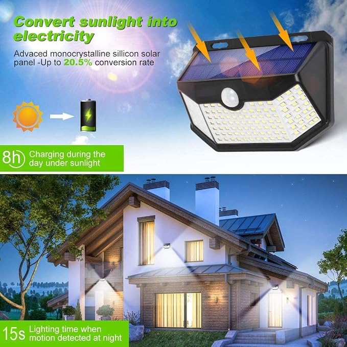HMCITY Solar Lights Outdoor 120 LED with 3 Lighting Modes, Motion Sensor Wall Lights,IP65 Waterproof Solar Powered for Garden Patio Yard (Back Button 2Packs, Black Shell-Daylight White) - Image 2
